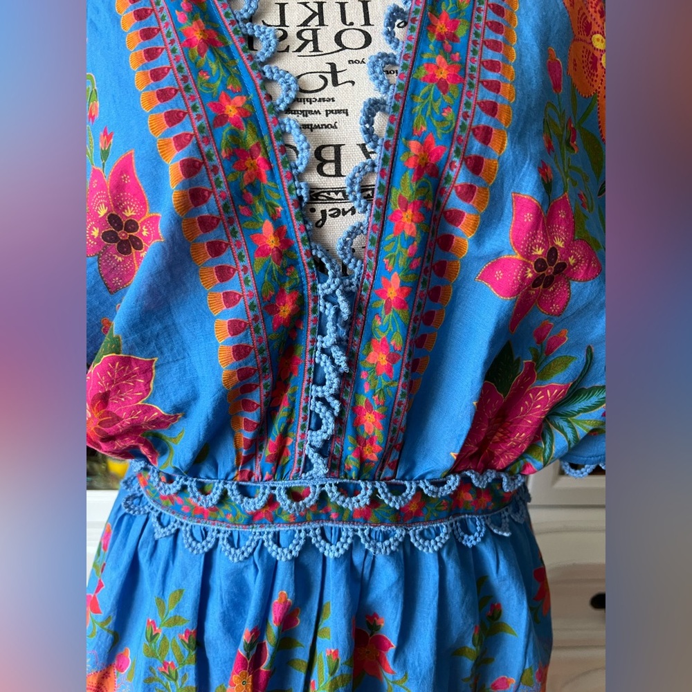 FARM Rio Blue and Pink Ruffled Tiered Midi Sundress M - Picture 2 of 13